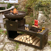 Tiered Firebowl 60 with Swing Arm BBQ Rack and Log Store